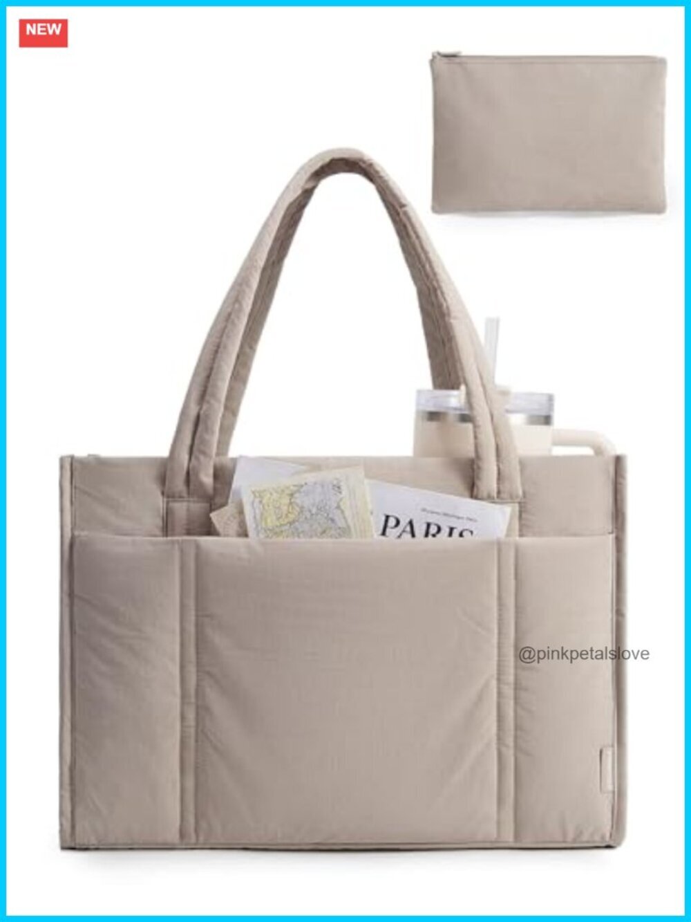 Puffy Quilted Tote Set with Zipper, Large Work Teacher Bag for Travel